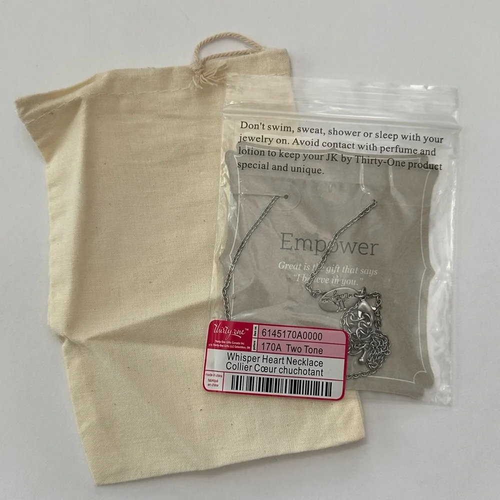 JK by Thirty-one Whisper Heart Necklace & Gift Bag Two Tone 18” Gold Silver